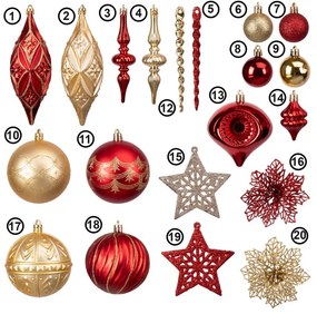 Sada vianočných závesných dekorácií MARIEN zlatá / červená (70 ks)