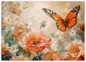 Obraz - Motýľ a kvety, olejomaľba (70x50 cm)