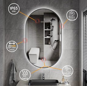 Erga Freya, oválne LED zrkadlo 60x100cm v čiernom kovovom ráme, 3 farby svetla, zadné osvetlenie, vyhrievacia podložka proti zapareniu, ERG-V01-FREYA-6010-BK