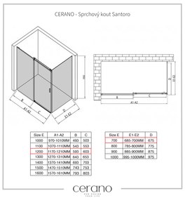 CERANO - Sprchovací kút Santoro Ľ/P - 8 mm - čierna matná, grafitové sklo - 120x70 cm - posuvný, CER-CER-8050BD7298