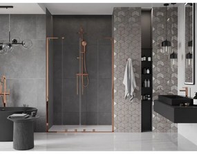 Mexen Velar L Duo, posuvné sprchové dvere do otvoru 160 cm, 8mm číre sklo, ružové zlato, 871-160-003-02-60