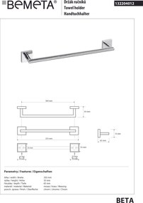 Bemeta Design BETA: Držiak uterákov, 300 mm - 132204012