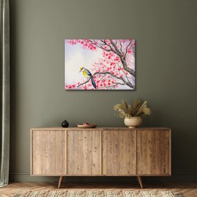 Obraz - Vtáčik na strome s červenými kvetmi (70x50 cm)