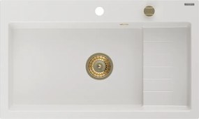 Mexen Omar, 1-komorový granitový drez 800x480x210 mm, biela, zlatý sifón, 6520801005-20-G