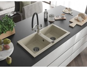 Mexen Mario, granitový drez 820x436x161 mm, 2-komorový a drezová batéria Duo, béžová, 6504-69-671701-07-B