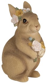 Dekorácia hnedý veľkonočný zajačik s kvetmi - 9*7*14 cm