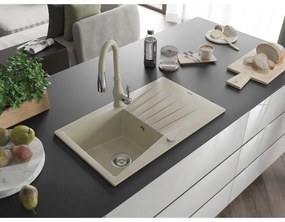 Mexen Cesar, 1-komorový granitový drez 775x470x190 mm a drezová batéria Savita, béžová, 6514-69-672601-69