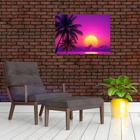 Sklenený obraz - Fialový západ s palmou (70x50 cm)