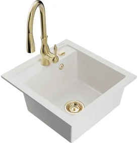 Mexen Vito, 1-komorový granitový drez 520x490x210 mm a drezová batéria Savita, biela, 6503-20-672601-50