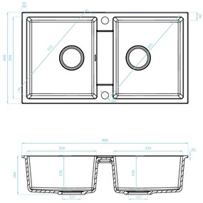 Kuchinox Rab, 2-komorový granitový drez 800x440x186 mm, šedá, LAV-SBF_520Y