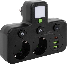 Toolight Toolight, JNH017, zásuvkový rozbočovač 2 zásuvky + 2× USB-A + USB-C s LED svetlom, čierna, OSW-56308