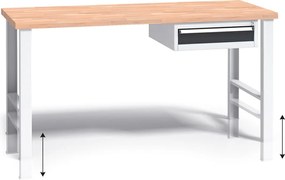 Výškovo nastaviteľný pracovný stôl do dielne G3 so závesným boxom na náradie, buková škárovka, 1 zásuvka, 1500 x 685 x 840 - 1050 mm, grafit