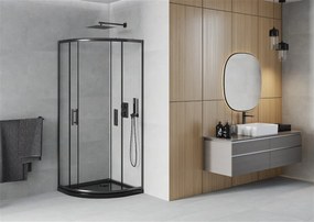 Mexen Rio, štvrťkruhový sprchovací kút s posuvnými dverami 70 x 70 cm, 6mm číre sklo, čierny profil + čierna sprchová vanička, 863-070-070-70-00-4170B