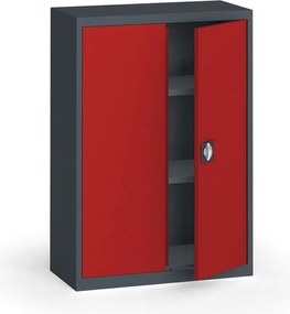 Plechová policová skriňa na náradie KOVONA, 1150 x 800 x 400 mm, 2 police, grafit/červená