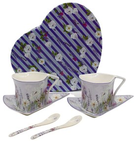 HOME ELEMENTS Súprava dvoch 250 ml šálok s podšálkami a lyžičkami, Levanduľa