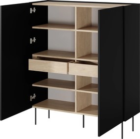 Vysoká komoda Desin 120 cm s dvoma dverami a skrytými zásuvkami - čierny mat / dub nagano