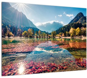Sklenený obraz - Jazero Jasna, Gozd Martuljek, Julské Alpy, Slovinsko (70x50 cm)