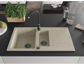 Mexen Matias - drez granitový 900x505x200 mm, 1,5-komorový, béžová s čiernym sifónom, 6502901505-69-B