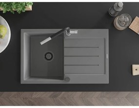 Mexen Bruno, 1-komorový granitový drez 795x495x200 mm a drezová batéria Flora, šedá, 6513-71-670401-07-B