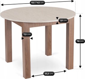 Vintino Jedálenský okrúhly stôl AMFORA travertín orech nicea 102–142 cm