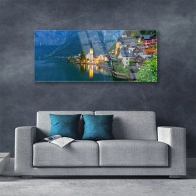 Obraz plexi Hory mestečko noc jazero 125x50 cm