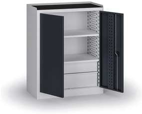 Policová dielenská skriňa 2-dverová, 2 police + 4 zásuvky, 1180 × 950 × 500 mm, grafitové dvere