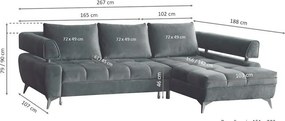 Rohová sedacia súprava Paris, stredne šedá látka, pravý roh