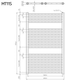 Mereo, Vykurovací rebrík 450x970 mm, rovný, biely, stredové pripojenie, MER-MT01S