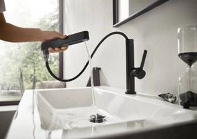 Hansgrohe Finoris, umývadlová batéria 230, s výpustom Push-Open a výsuvnou spŕškou, EcoSmart, čierna matná, 76063670