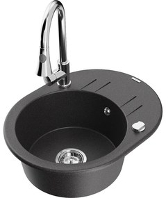 Mexen Kevin, 1-komorový granitový drez 586x458x190 mm a drezová batéria Elia, čierna škvrnitá, 6517-76-670101-00