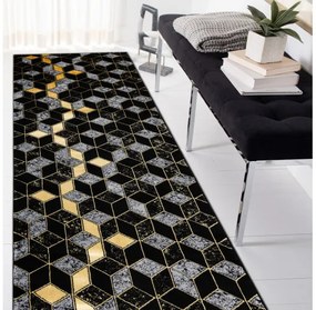Dywany Łuszczów, Behúň Gloss 400B 86 3D geometric black/gold, 60x300, čierna, obývacia izba