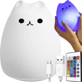 ISO Trade Nočné LED svetlo Mačiatko – 16 farieb, 9 jasov, silikónové, USB dobíjateľné, diaľkové