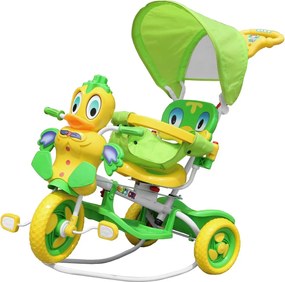 RAMIZ Detský bicykel Green Duck s 3 kolesami + zvuky + strecha + zábrana + opierka na nohy + rukoväť + úložný priestor A11-2- zelené