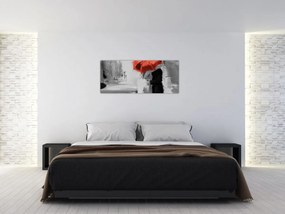 Obraz - Zamilovaný pár pod dáždnikom, červený (120x50 cm)