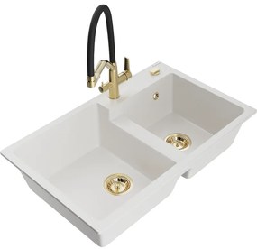 Mexen Tomas, 2-komorový granitový drez 800x500x190 mm a kuchynská batéria Duo, biela, 6516-20-671701-57-G