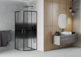 Mexen Rio, štvrťkruhový sprchovací kút s posuvnými dverami 70(dvere) x 70(dvere) x 190 cm, 6mm číre sklo s pásikmi, čierny profil, 863-070-070-70-20