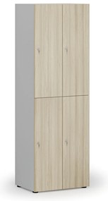 Drevená šatníková skrinka s úložnými boxmi, 4 boxy, cylindrický zámok, sivá/dub prírodný