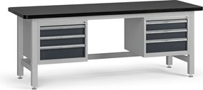 Pracovný stôl do dielne G4 s 2 závesnými boxami na náradie, MDF + PVC doska, 6 zásuviek, 2100 x 750 x 800 mm, grafit