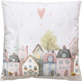 Béžový vankúš so srdiečkami a domčekmi Hearts & Houses - 45*45*4 cm