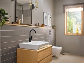 Hansgrohe Rebris E, vysoká umývadlová batéria 210 s otočným výtokom a odtokovou súpravou s tiahlom, čierna matná, HAN-72576670