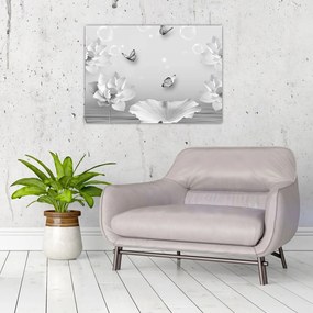 Sklenený obraz - Kvetinový dizajn s motýlikmi (70x50 cm)