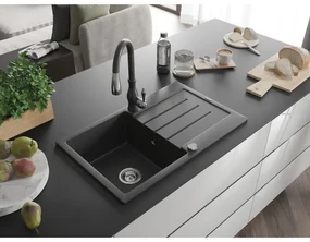 Mexen Bruno, 1-komorový granitový drez 795x495x200 mm a drezová batéria Savita, čierna škvrtnitá, 6513-76-672601-76