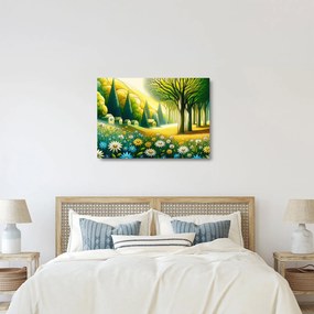Sklenený obraz - Dedina v žlto-zelenej (70x50 cm)