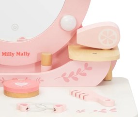 Veľká drevená toaletka ELLY pre deti s LED svetlom a taburetkou ružová