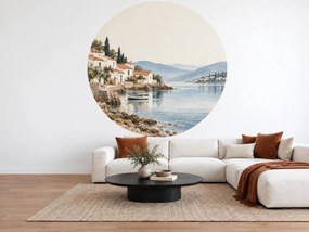 Stredomorský záliv s cyprusmi kruhová akvarelová dekorácia v prímorskom štýle na stenu arch 46 x 46 cm