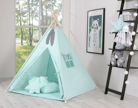 Bobono Stan Teepee pre deti + hracia podložka + vankúše + ozdobné perie - mätová