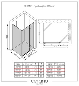 Cerano Marino, sprchovací kút 100(dvere) x 80(stena) x 190 cm, 6mm číre sklo, čierny profil, CER-CER-422871
