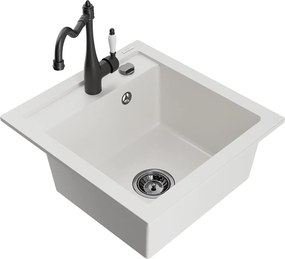 Mexen Vito, granitový drez 490x520x210 mm, 1-komorový a drezová batéria Carla, biela, 6503-20-670700-70