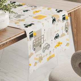 Biante Detský bavlnený behúň na stôl Sandra SA-672 Žlté a sivohnedé autá v meste na bielom 20x120 cm
