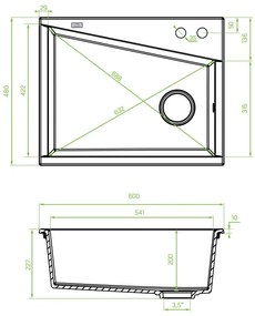 Laveo Grenada, 1-komorový granitový drez 600x480x227 mm, šedá, LAV-SBG_510T